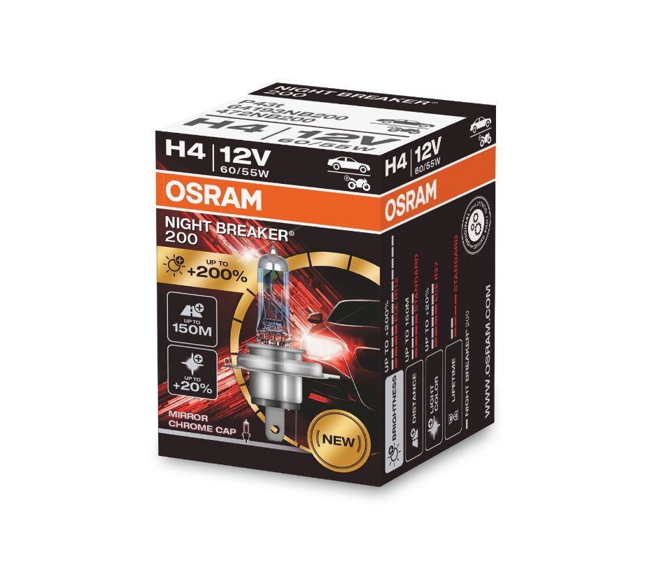 Галогеновая лампа OSRAM H4 +200% NIGHT BREAKER 200 12V 60/55W
